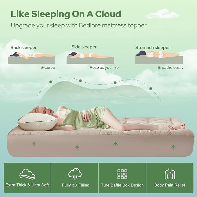 BEDLORE King Mattress Topper Viscose Derived from Bamboo, Thick Pillow Top