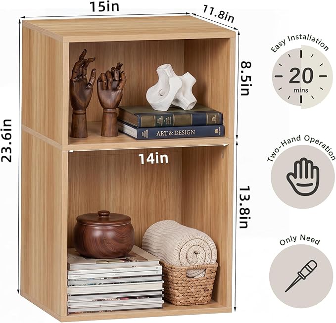 YAHARBO 2 Cube Bookshelf, Natural Record Player Stand