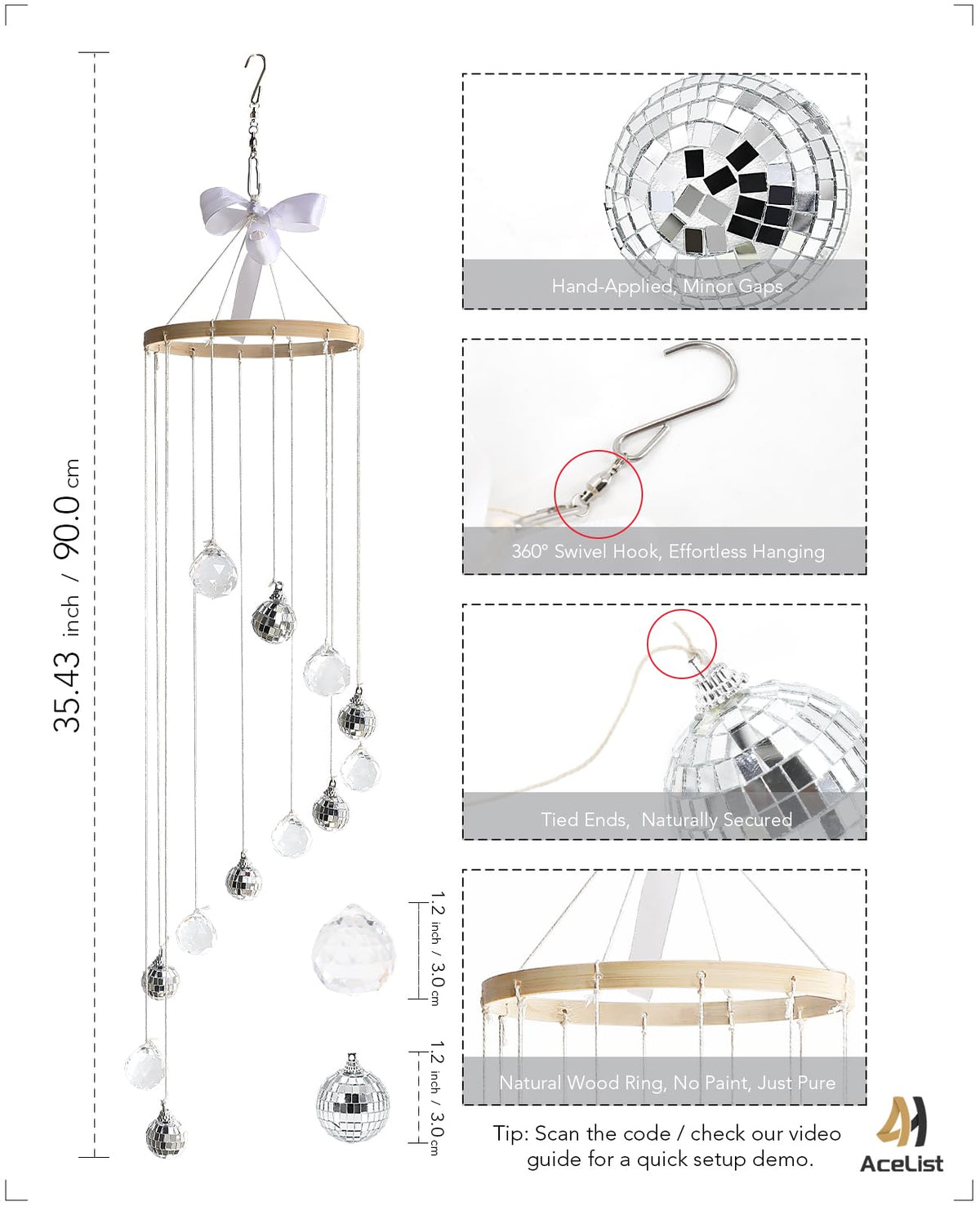 AceList Hanging Disco Ball Decor, Sun Catcher Crystals & Disco, 31.5 inch Handmade Spiral Sparkle Mirror Ball & Light Catcher for Window, and Boho Decor