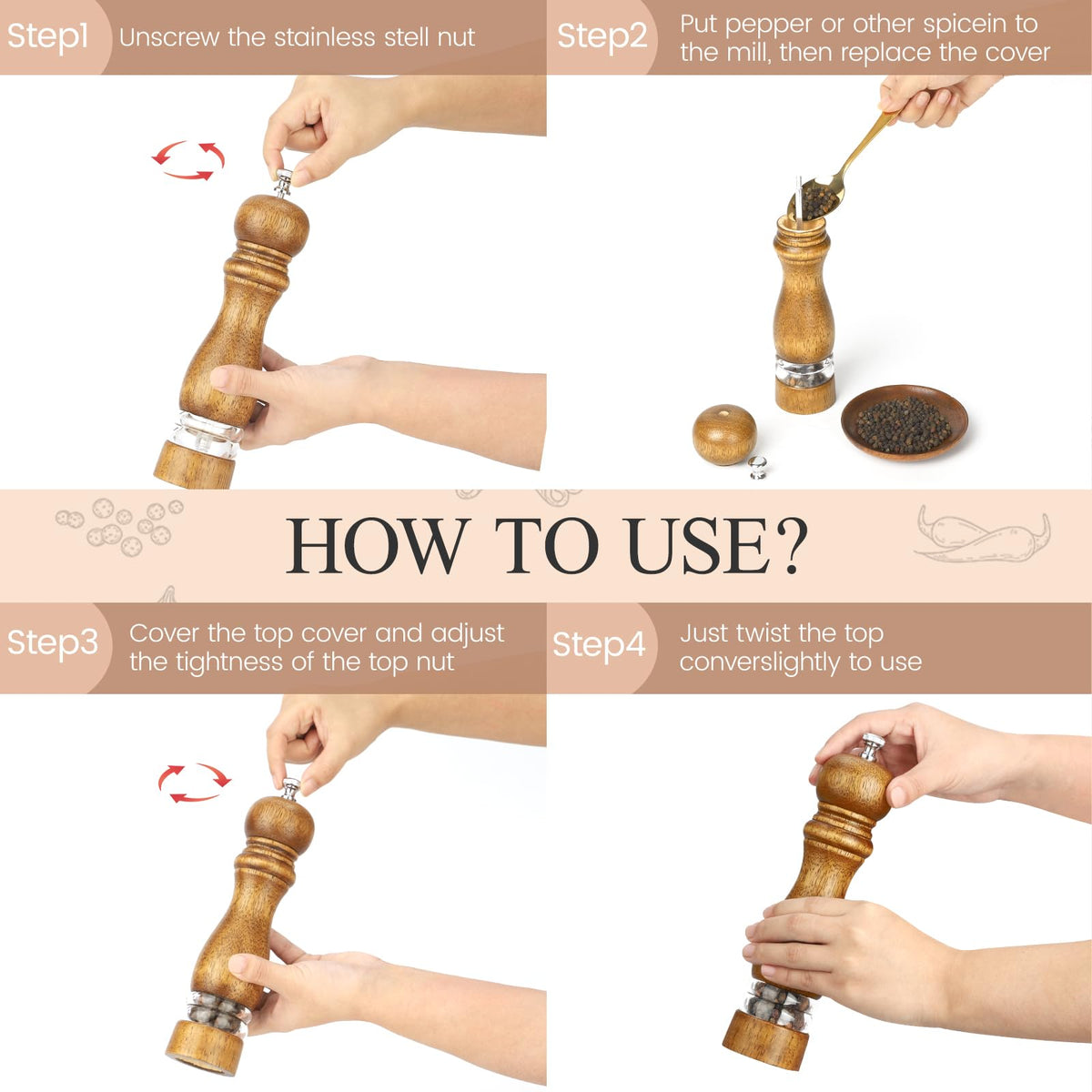 VONTIQUE 8inch salt and pepper grinder set manual salt pepper shakers wooden pepper mill refillable With adjustable ceramic grinding core Acrylic visualization window design 2-pieces