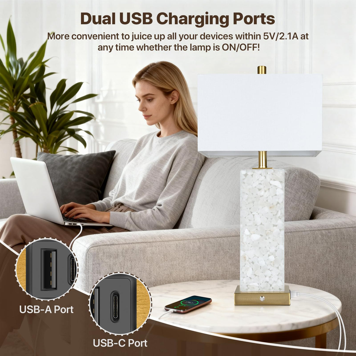 2-Pack 25.6" Alabaster Lamps, Marble Lamp Nightstand Lamps Set of 2, 3-Color Temperatures Bedside Lamps with Nightlight, Modern Table Lamp with USB Ports for Living Room Bedroom Hotel, Bulbs Included