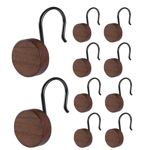 Akimomaty Walnut Wood Shower Curtain Hooks with Black Metal Rings, Set of 12 Decorative Hardware for Bathroom Rods