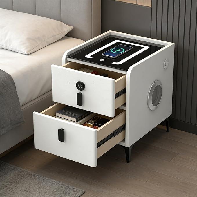 Smart Nightstand with 2 Drawers, with Fingerprint Lock Drawer, Nightstand with