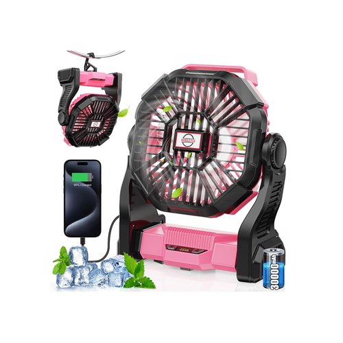 Art In Real 30000mAh Rechargeable Camping Fan with LED Lantern,Portable Battery Powered Outdoor Fan for Bedroom,Camping,Travel,Hiking,Beach,Office,Trave Accessories(Pink)