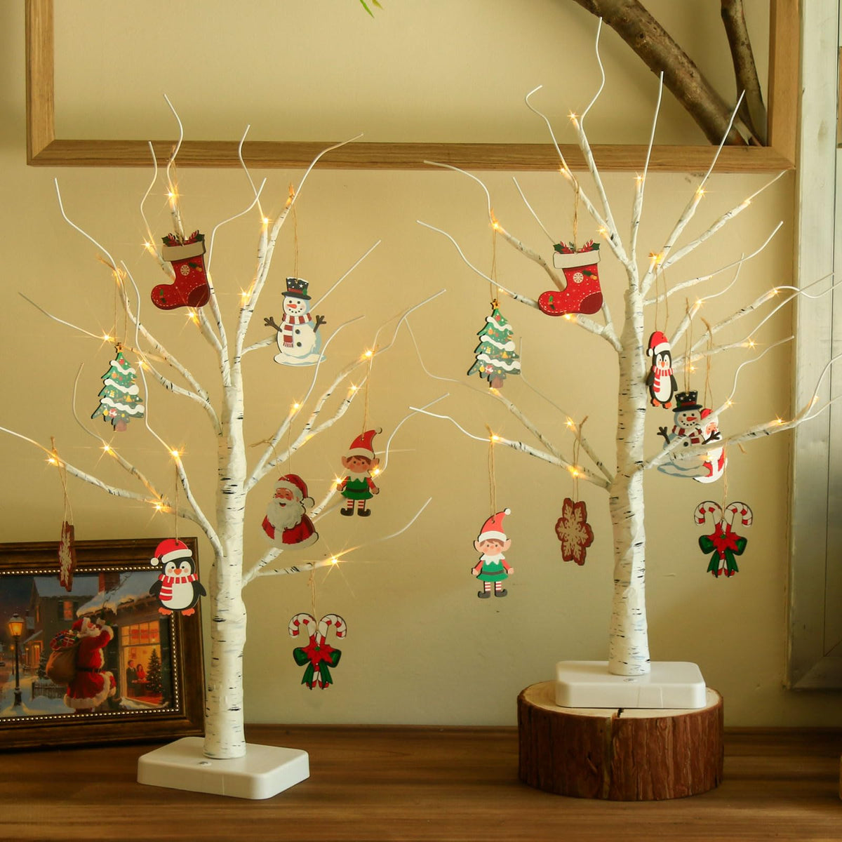 EAMBRITE Lighted Birch Tree with Christmas Ornaments, 2 Pack Small Christmas Trees with Led Lights, White Twinkling Tree Decorations Tabletop Centerpieces for Home Table Bedroom Indoor Decor (22inch)