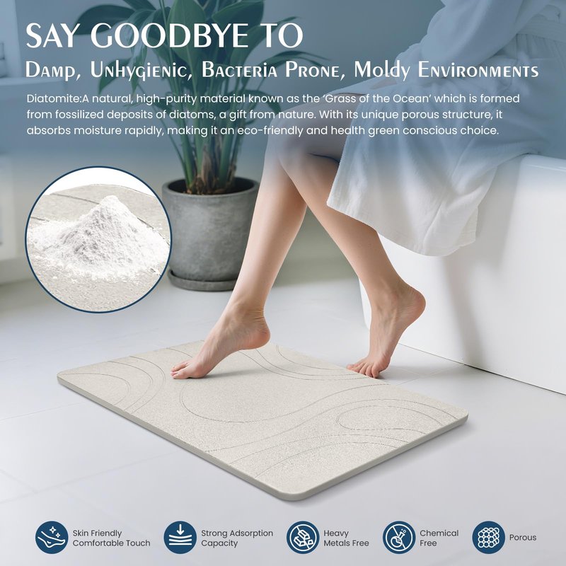 Stone Bath Mat Quick Dry Diatomaceous Earth Bath Mat Non-Slip Shower Stone Bathmat Super Absorbent Water Diatomite Bathroom Floor Pad Elegant,Natural,Esay to Clean (Flow Line-Beige)