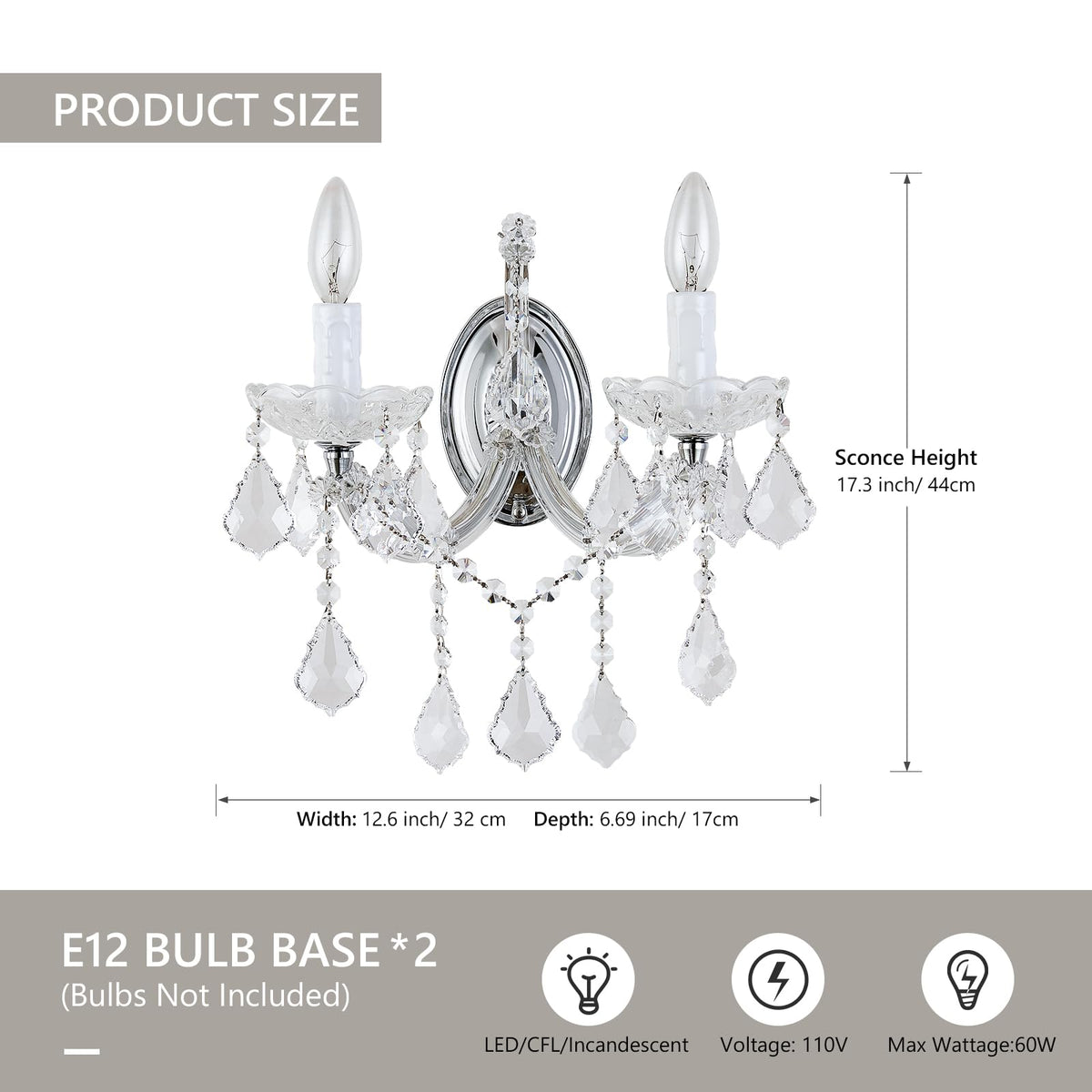 Crystal Wall Sconce Lighting, 2-Light Modern Crystal Wall Light Fixture Bathroom Maria Theresa Wall Lamp Light Fixtures Chrome Wall Sconce Light Wall Mounted Lamp for Living Room,Bedroom,Indoor