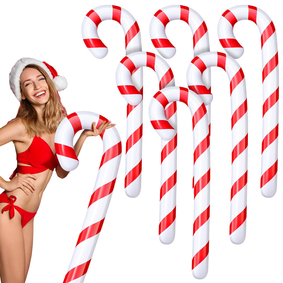 Leyndo 6 Pcs 5.5 ft Christmas in July Candy Cane Summer Christmas Candy Cane Inflatable Pool Noodles Jumbo Floats Swim Floating Noodles for Indoor Outdoor Swimming Pool (Red and White)