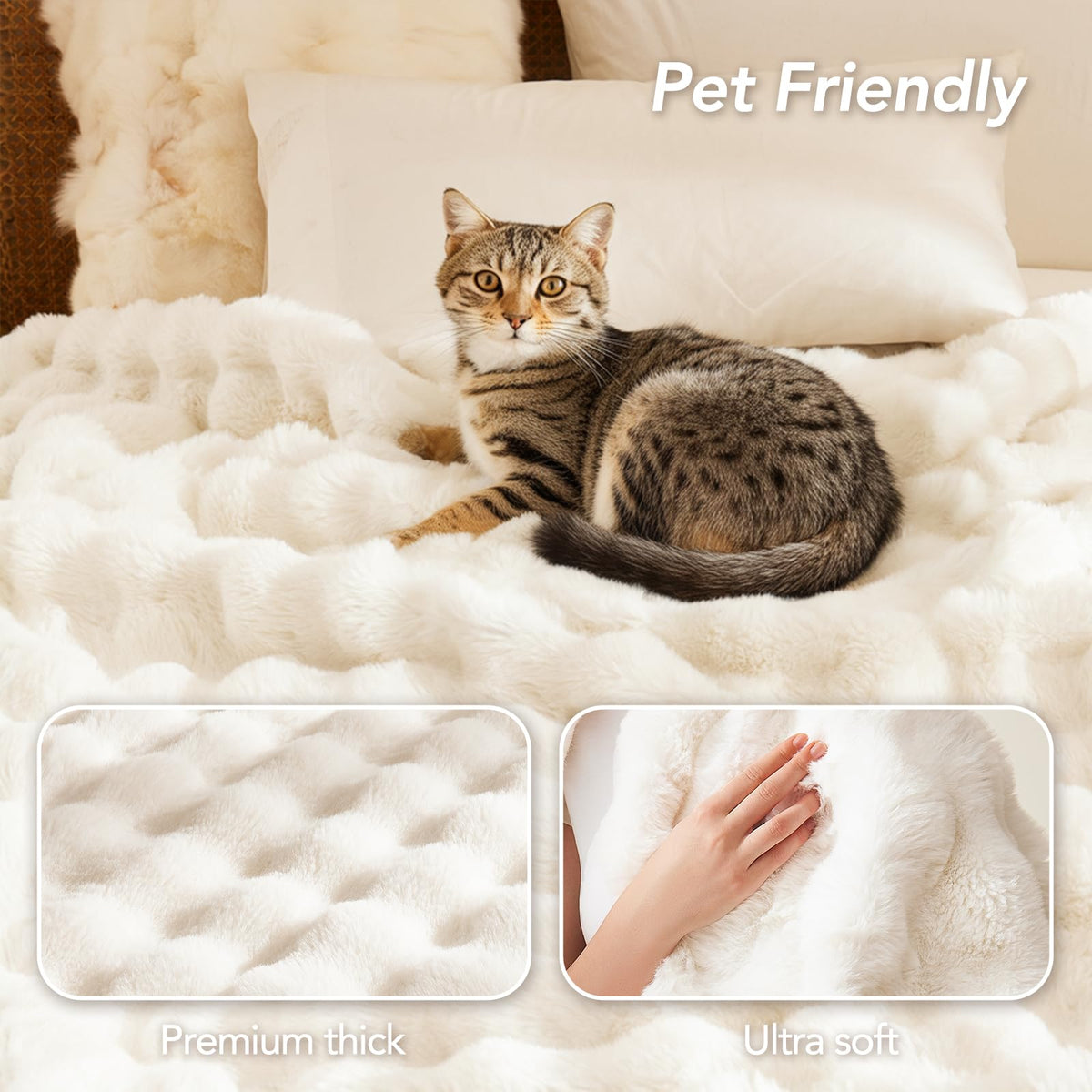 L'AGRATY Faux Fur Throw Blanket: 50" x 60" Luxury Soft Fluffy Thick Rabbit Fur Blankets for Couch Bed Sofa - Cozy Plush Bubble Blankets for Winter: Warm Flannel Fleece Decorative Blanket(Cream White)