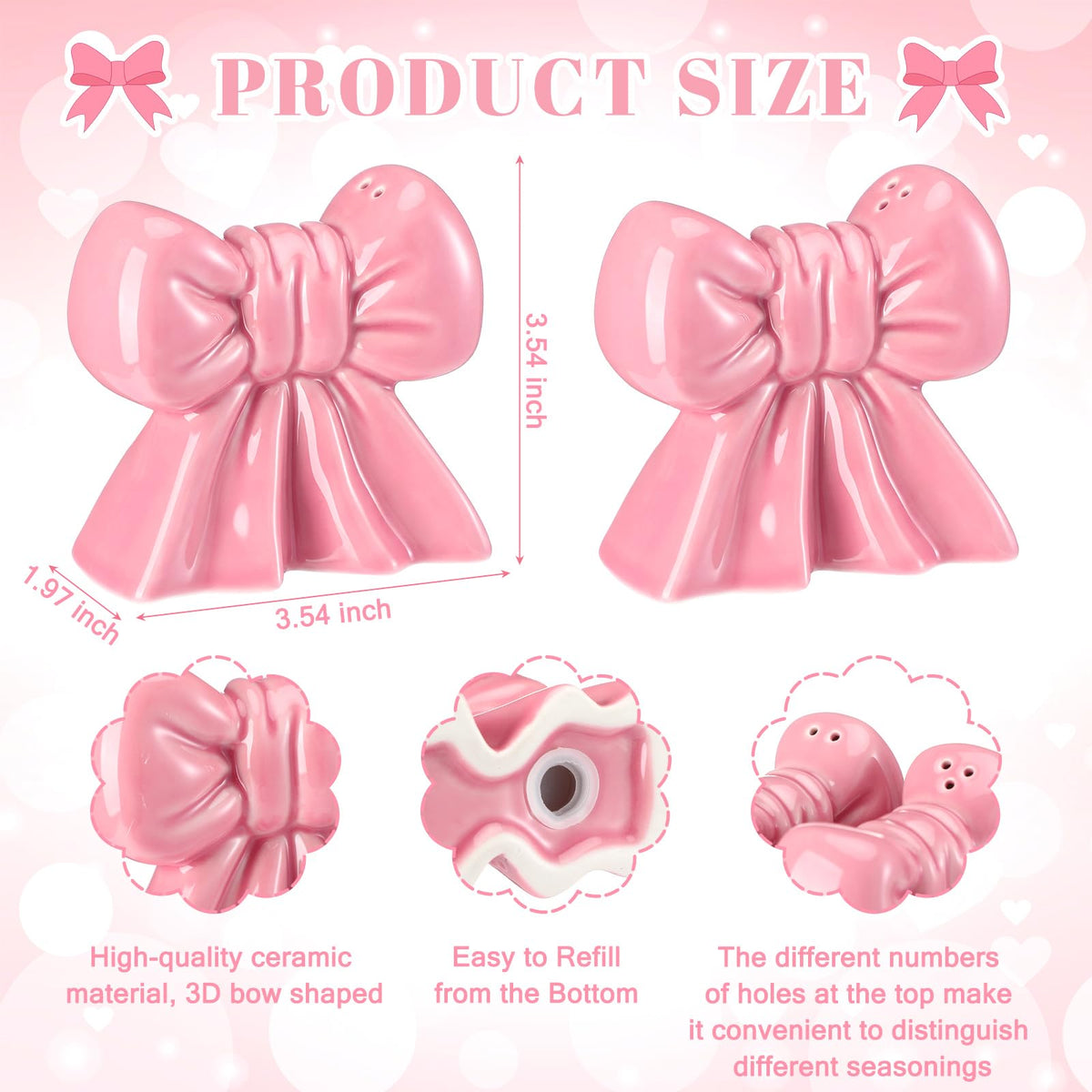 LemonRoad 2 Pcs Pink Bow Salt and Pepper Shakers Set Cute Bow Ceramic Decorative Salt and Pepper Shaker Set Coquettish Preppy Decor for Kitchen Dinner Table Party Funny Novelty Gift