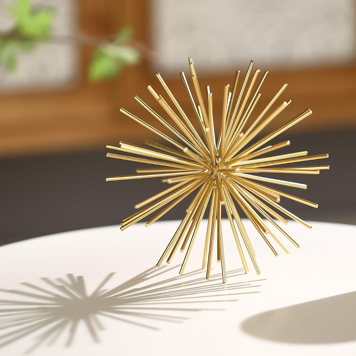 Metal Decorative Starburst Ball, 6 Inch Gold Sphere Decor, Spiky Star Burst Tabletop Sculpture, Mid-Century Modern Metal Spike Ball for Home, Living Room, Office & Shelf Decor