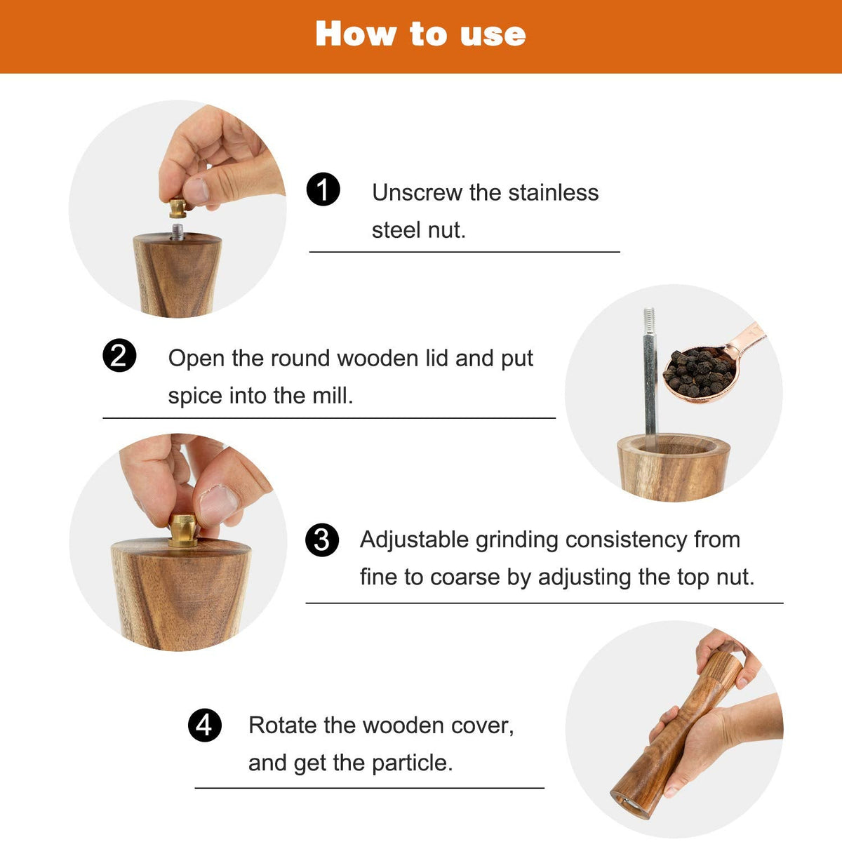 Wooden Salt and Pepper Grinder Set,Refillable Salt and Pepper Mill with adjustable Coarseness,Acacia Wood pepper grinder manual, Salt and Pepper Shaker Set Tableware Gifts-Ideal for Gifting 10IN