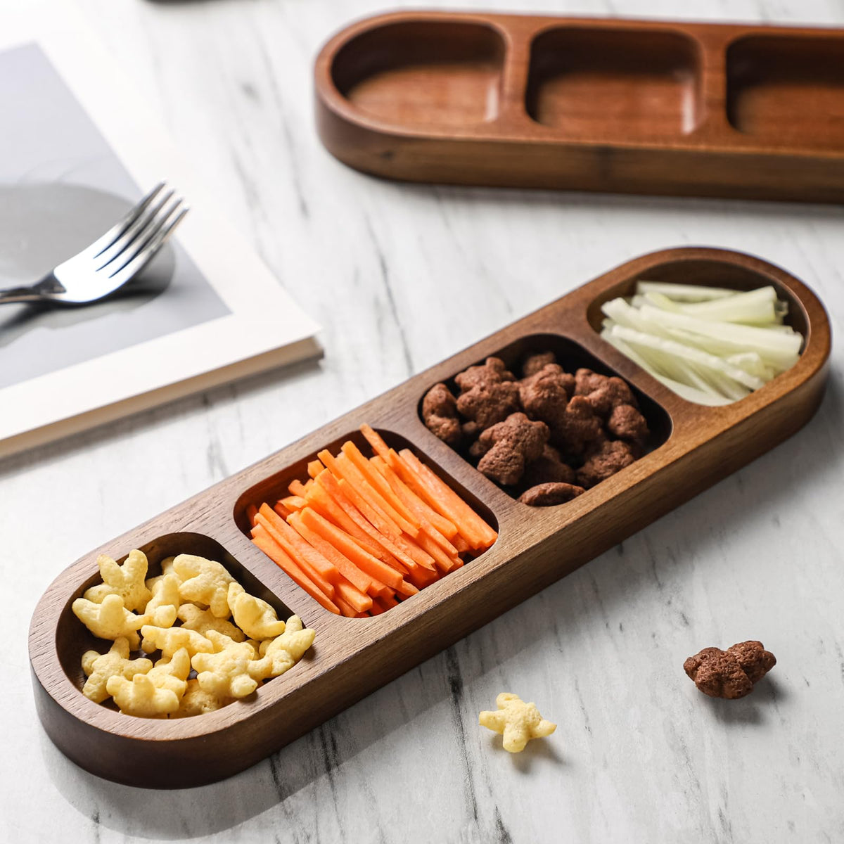 SmileBear 2 Pcs Soy Sauce Dish, Wooden Divided Dip Bowls, Korean 4-Compartment Sauce Plates for Home Restaurant BBQ, Vinegar, Spices, Ketchup, Salt, Sugar, and Flavors