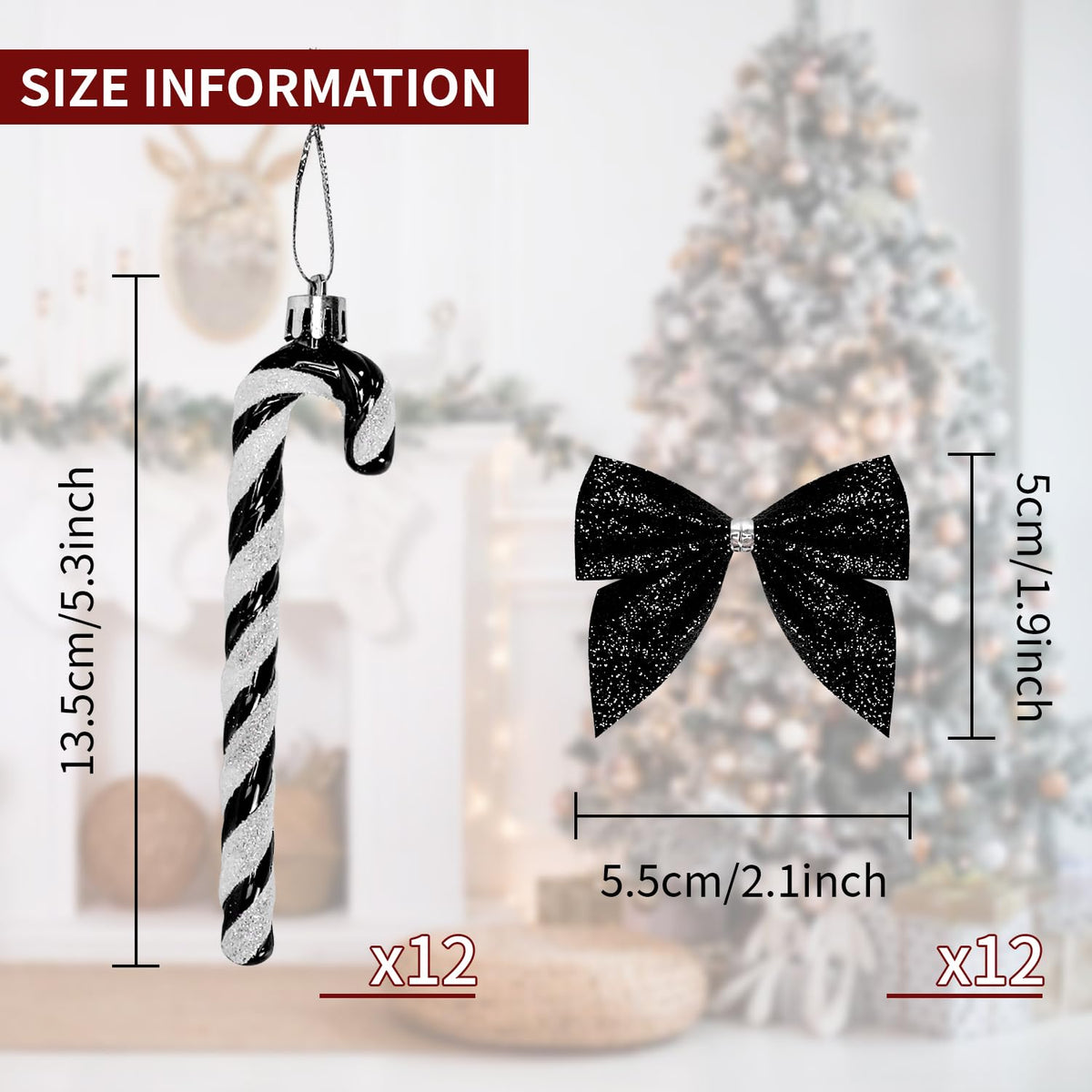 24 Pcs Candy Cane Christmas Decorations,5.5inch Glitter Candy Cane Bows for Xmas Tree Hanging Ornament Holiday Festival Party Home Decoration (Black)