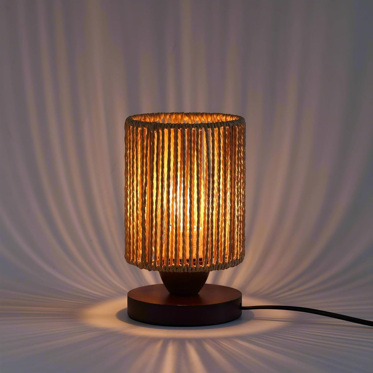 DKCONONY Small Rattan Table Lamp for Bedroom, Boho Bedside Lamp with Warm LED Bulb, Handwoven Wicker Nightstand Lamp for Nursery, Entryway & Dorm, Mini Ambient Night Light with Wood Base (8.6" Tall)