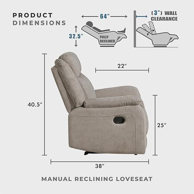 Lexicon Manual Double Reclining Loveseat, Polished Microfiber Manual Wall
