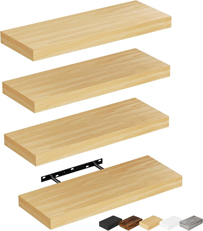 Bellsal Floating Shelves for Wall, Maple Wood Wall Shelf Set of 4, Living Room