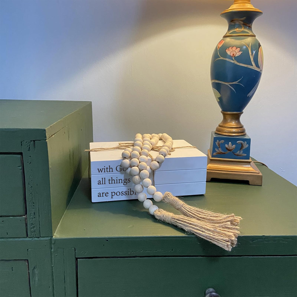 Decorative Books for Home Decor, White Faux Books for Decoration, Rustic Farmhouse Stacked Display Books (with God All Things are Possible)