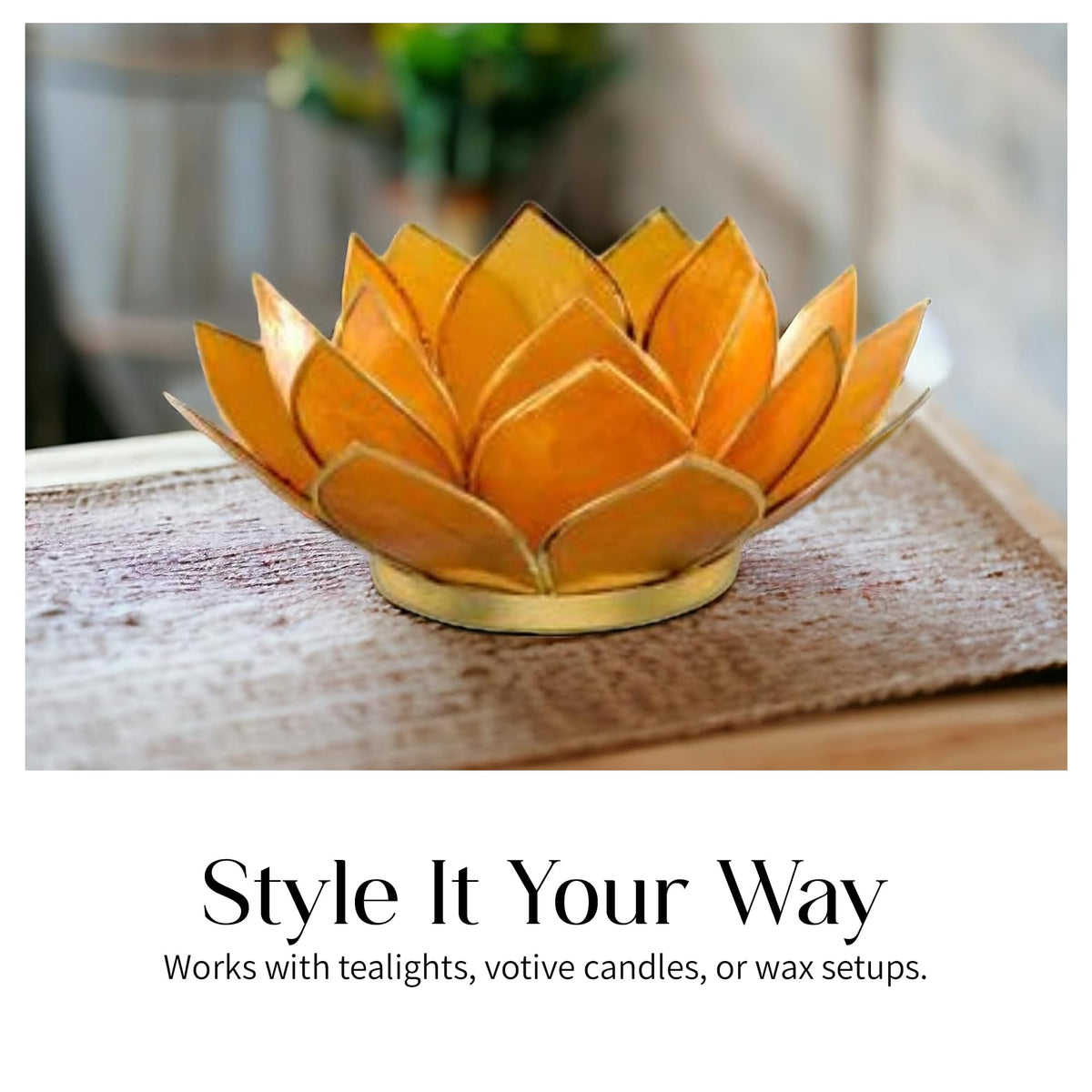Om Gallery Gemstone Lotus Tealight Holder - Handcrafted Capiz Shell Design for Soft Glow, Elegant Home & Table Decor, Wedding Centerpieces, Votive Candle Styling, and Thoughtful Gifting - Amber