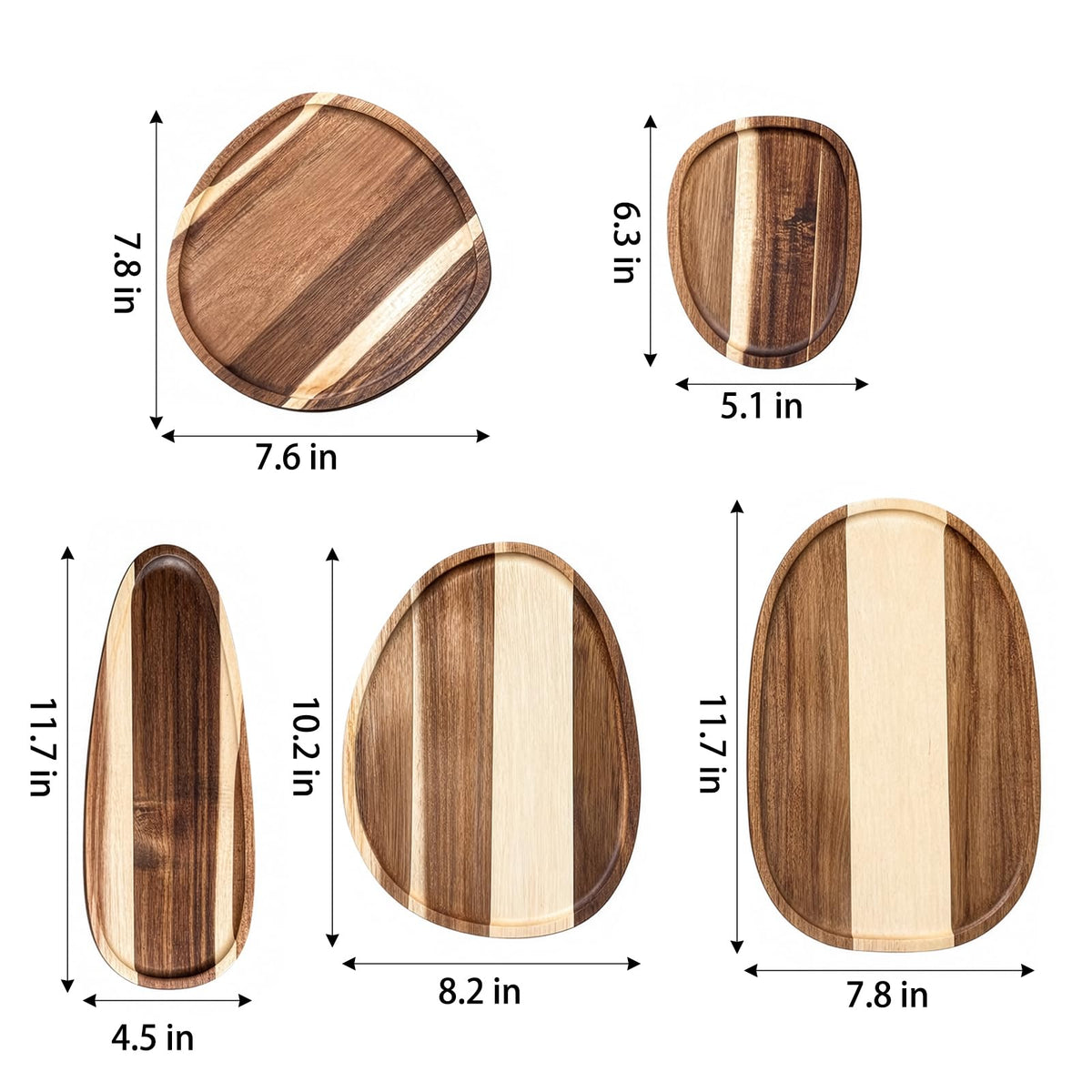 Okllen Set of 5 Small Acacia Wood Serving Platter and Trays, Irregular Oval Solid Wood Plates Serving Tray, Lightweight Wood Dinner Plates for Breakfast, Coffee, Tea, Snack, 6.3~11.7" L, 5.1~8.2" W