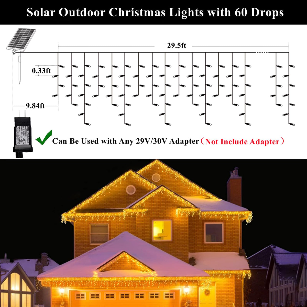Solar Christmas Lights Outdoor Waterproof Christmas Decorations Curtain Lights 320LED 29.5ft 60 Drops, Solar Powered Rechargeable Fairy Lights for Party, Wedding, Home Decorations(WarmWhite)