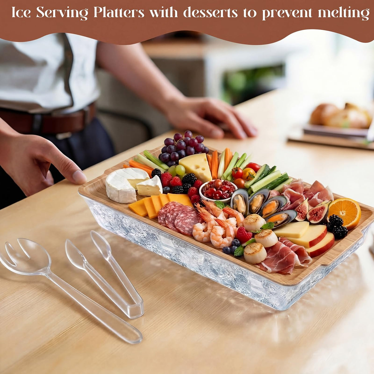 Baderke 1 Set 16" x 9" Chilled Serving Tray for Parties with Compartments Ice Chilled Party Crudite Platter Charcuterie Serving Board Cold Dish Dip Tableware for Seafood Vegetable (Light Wood)