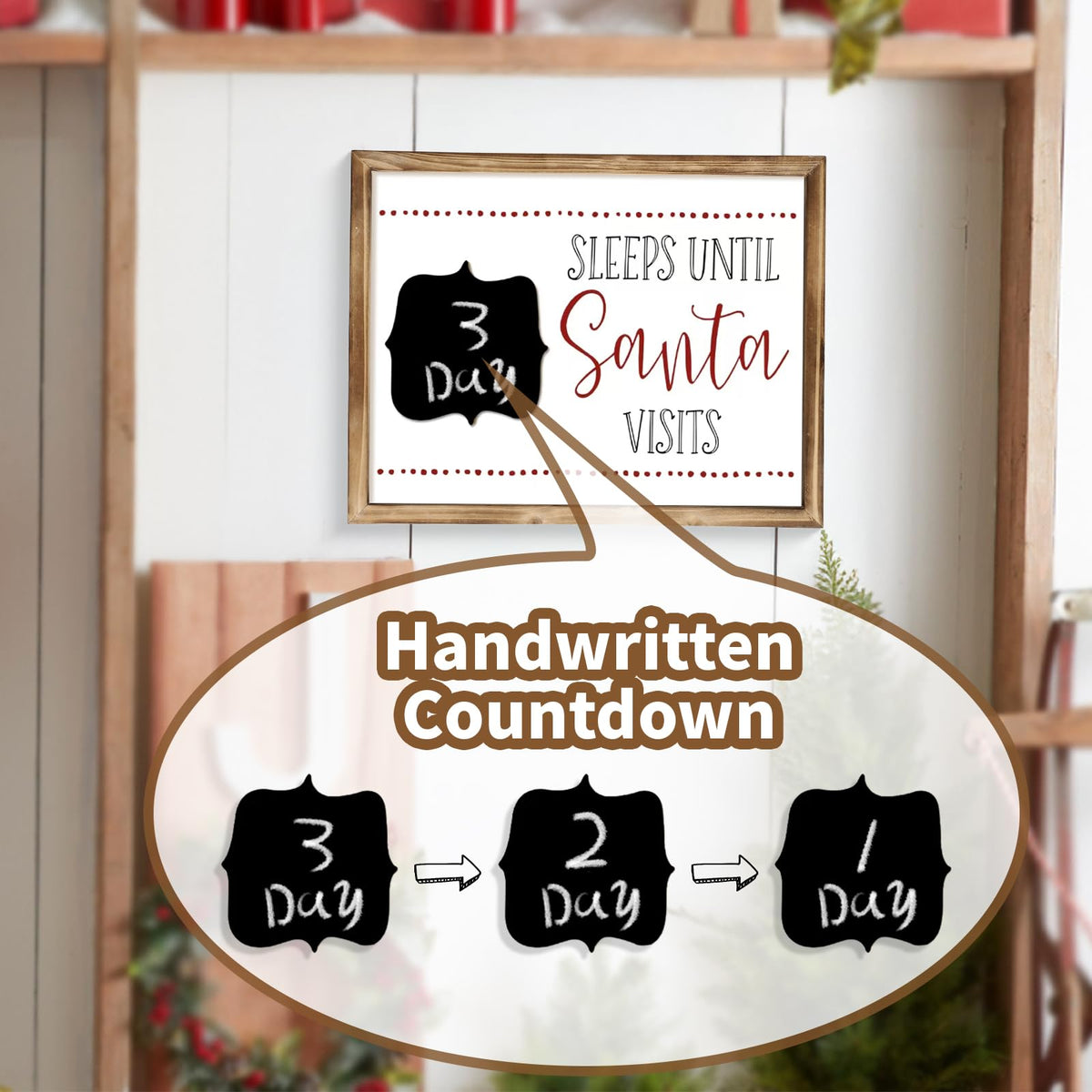MACVAD Merry Christmas Sign with Countdown Chalkboard for Home Indoor Decorations, 14" Rustic Farmhouse Merry Christmas Block Wooden Sign with Erasable Chalkboard for Mantel, Wall & Tabletop