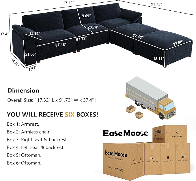 EASE MOOSE Blue Modular Sectional Couch, Oversized Deep Seat L Shape Sectional
