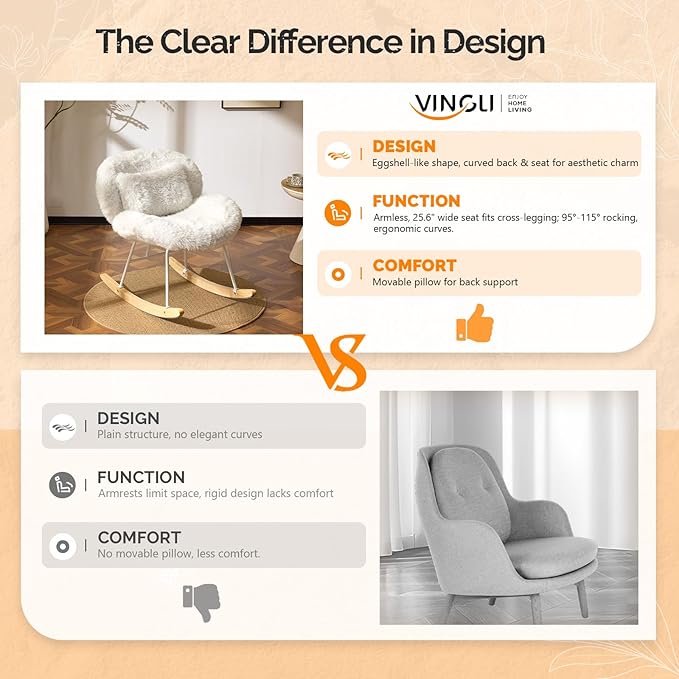 VINGLI 25.6" Extra Wide Criss Cross Nursery Rocking Chair, Cute Curved 115°