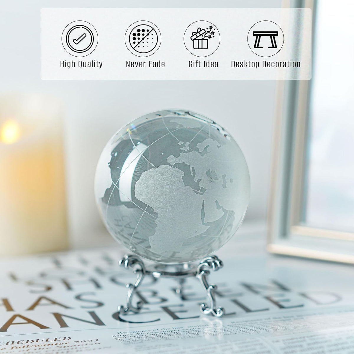 ZEERSHEE 80mm Crystal Earth Globe Ball with Stand World Map Glass Sphere Desk Office Home Decor Glass World Globe Paperweight