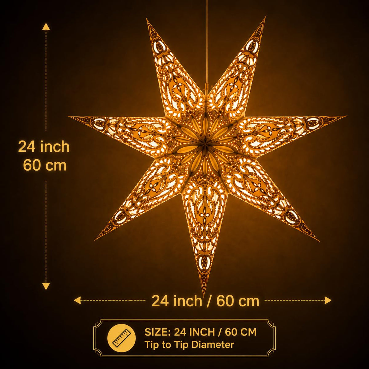 YEPSIO Lantern Lampshade Paper Star Light Shades Large 60cm Hanging Decorations for Christmas Wedding Home Decoration Birthday Party Foldable 7 Pointed Star (Glitter White Golden)