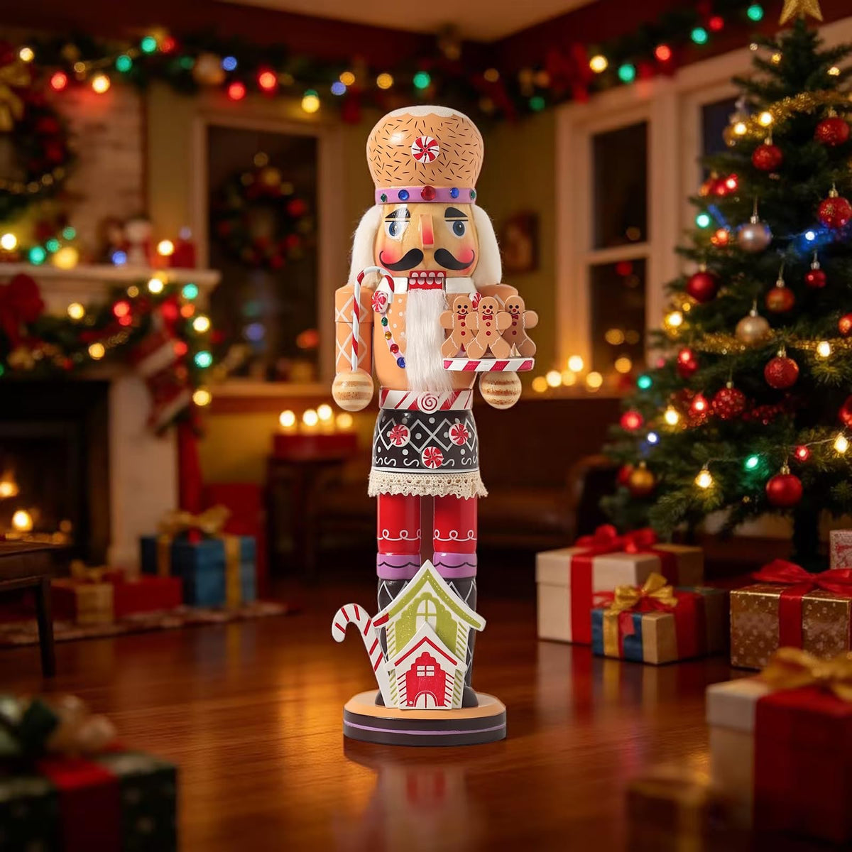 KoolShare 15-Inch Gingerbread Christmas Nutcracker, Wooden Baker Figurine with Cupcake Hat, Tray of Gingerbread Men & Candy House Base, Handcrafted Candy Land Decor for Holiday Mantel or Tabletop