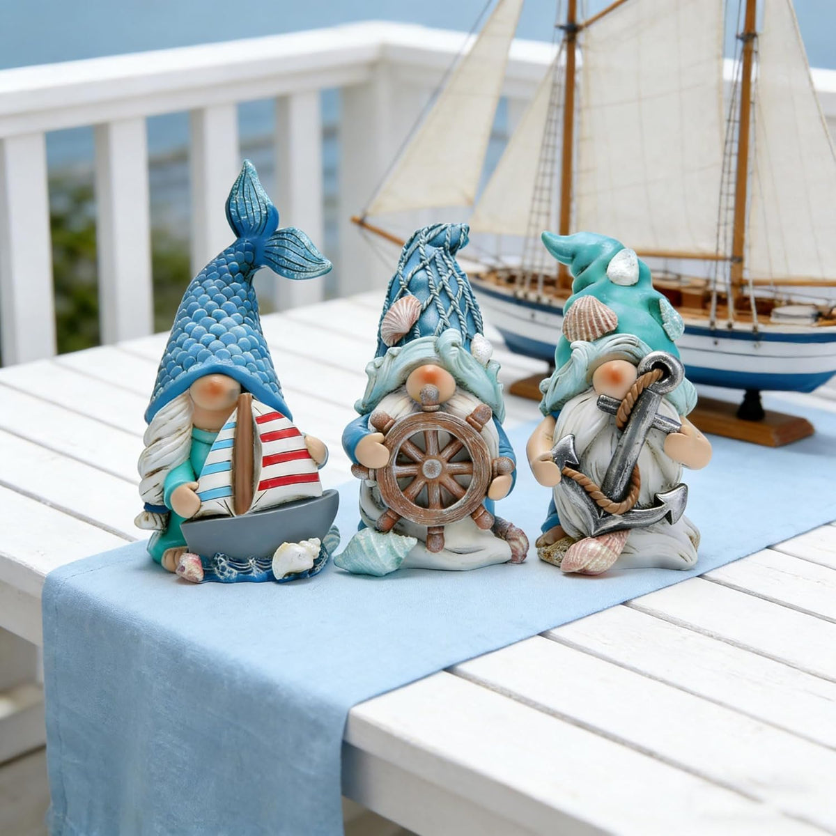 Hodao Coastal Nautical Gnome Figurines Set, Ocean Theme Resin Gnome Decor with Anchor Helm Sailboat, Beach Coastal Home Tabletop Decoration Gift for Spring Summer All Season