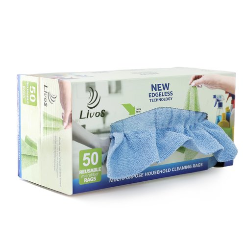 LIVOS 50 Pack Microfiber Cleaning Cloth in Box, Reusable Cleaning Rags, 11.5"x11.5", Edgeless Microfiber Wipes, Lint Free, Absorbent Shop Towels for Kitchen, Car, Glass (Blue)