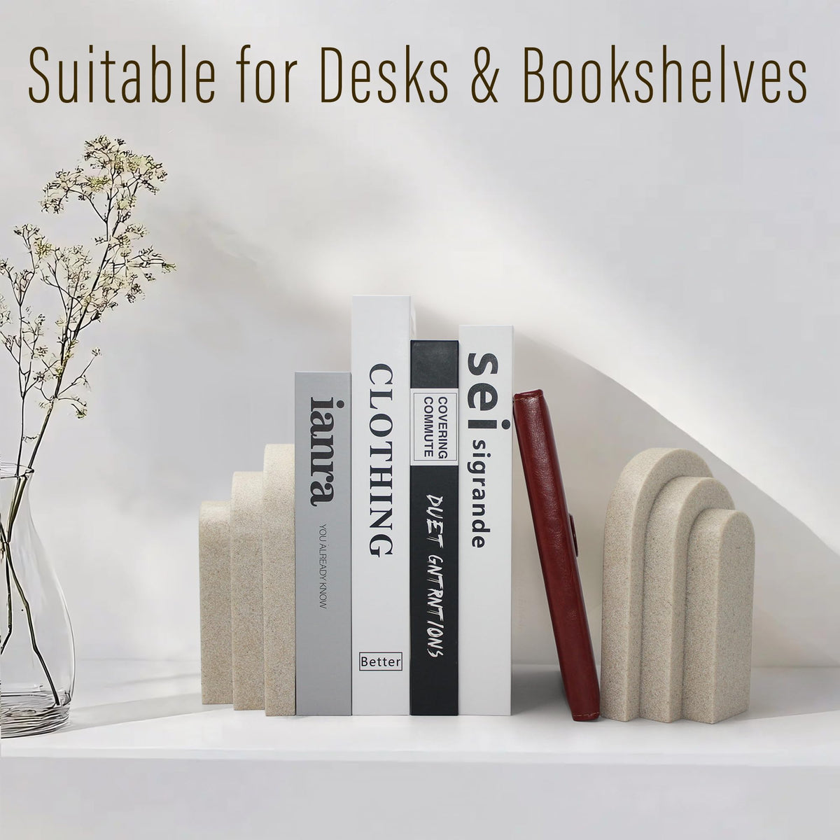 LIN CHUAN Heavy Duty Bookends for Shelves, 6.6 LBS Heavy Book Ends for Heavy Books, Decorative Modern Bookends with Faux Sandstone Look, Layered Arch Book Stopper for Bookshelf Holder Set of 2, Beige