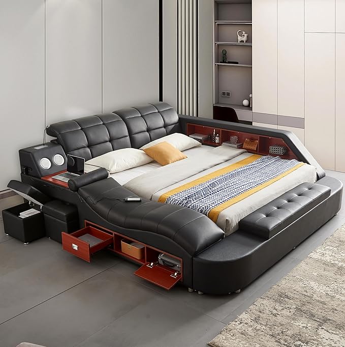 Multifunction Smart King Bed Frame, Luxury Upholstered Platform
