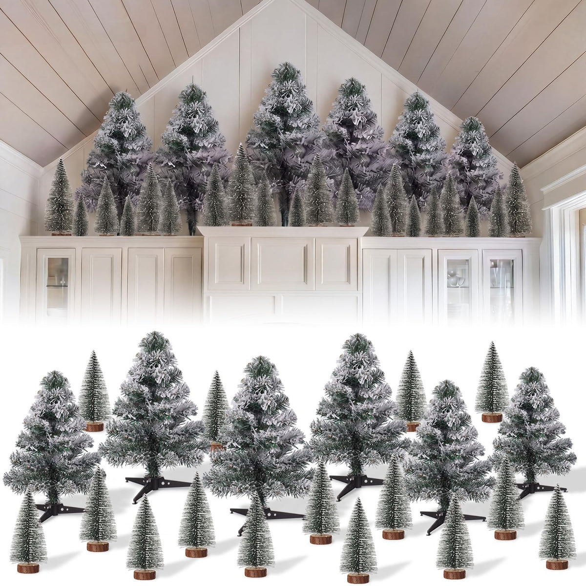Sanwuta 21 Pcs Above The Cabinet Christmas Tree Decor 6 Flocked Snowy Trees 15 Mini Snowy Brush Trees Over The Cabinet Decorations Winter Xmas Tree for Mantel Bookshelf Table Indoor Kitchen Decor