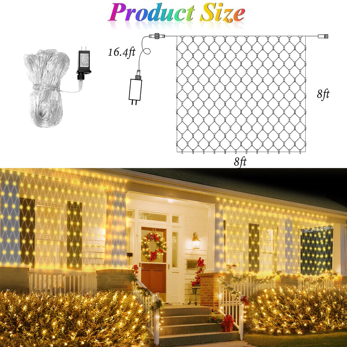 8ft x 8ft Net Lights, 180LED Gazebo Lights Outdoor 8 Modes Timer, Waterproof Connectable Christmas String Lights Clear Wire Plug in for Bushes Patio Pergolas Garden Holiday Party - Warm White