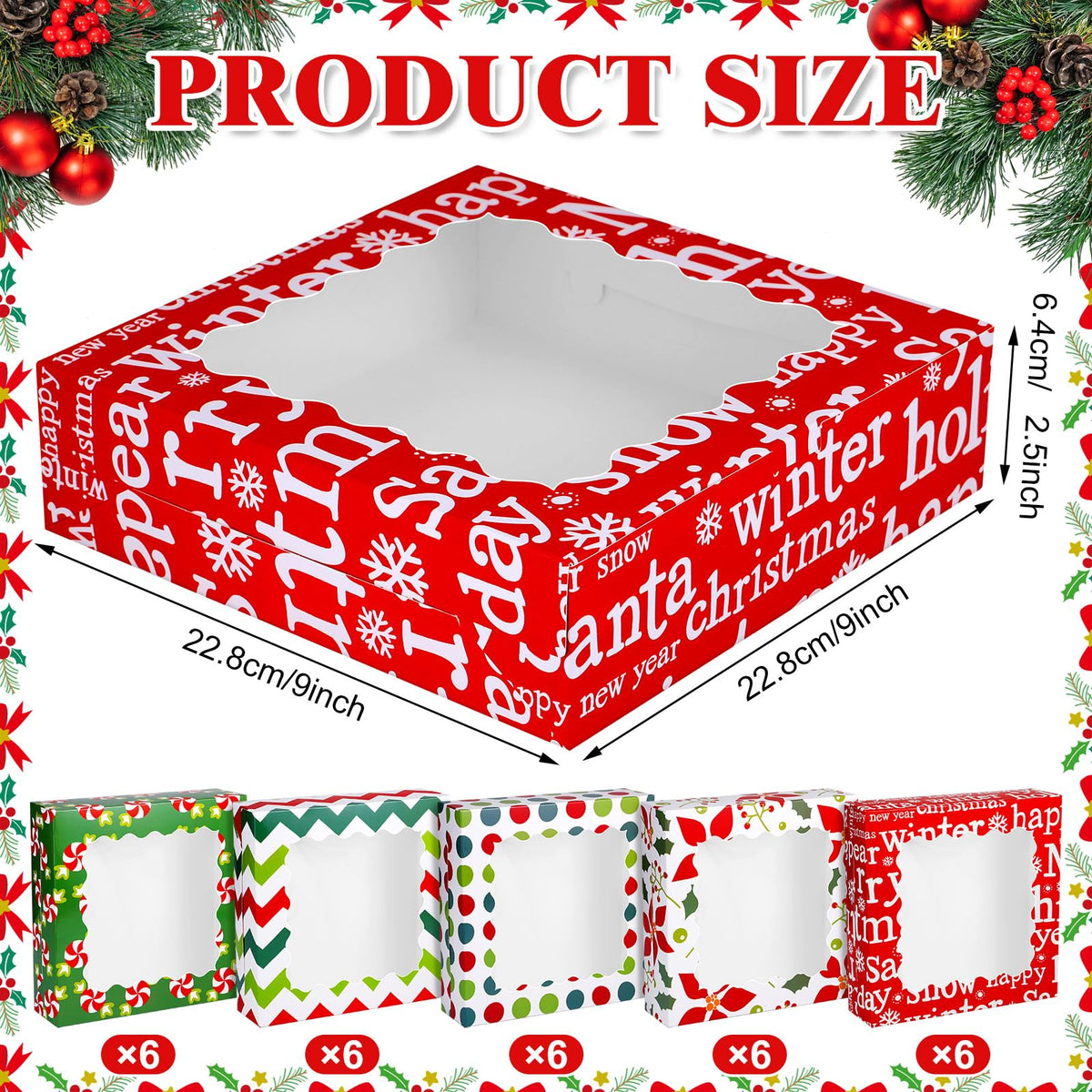 Czlotyh 30 Pcs Christmas Cookie Boxes with Window 9 x 9 x 2.5 inch Xmas Treat Boxes Candy Bakery Cupcakes Desert Container for Pastries Packaging Christmas Party Supplies Gift Giving