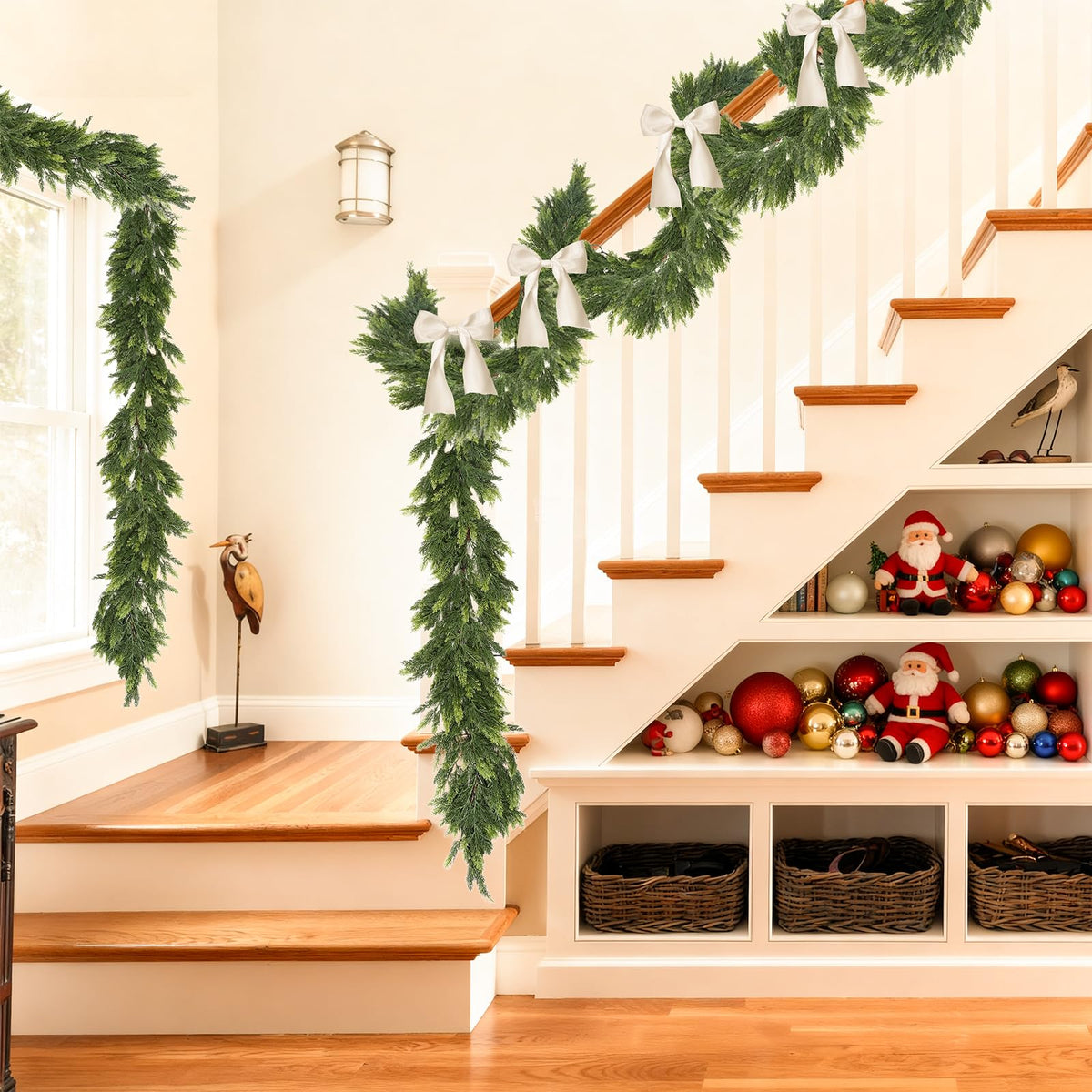 Joyhalo 6FT Christmas Garland Real Touch Cedar Garland Artificial Realistic Faux Cedar Garland with Lights for Mantle, Fireplace, Stairs Railing,Table Decor and Indoor Christmas Decorations