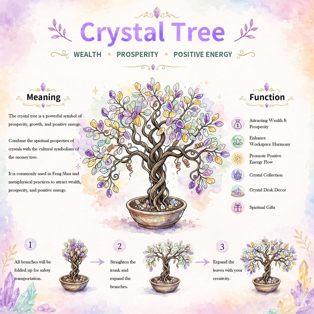 mookaitedecor Amethyst/Rose Quartz/Aquamarine Crystal Tree Tumbled Stones, Geode Agate Slices Base Money Tree Decoration for Wealth and Luck 5.7"-6.7"