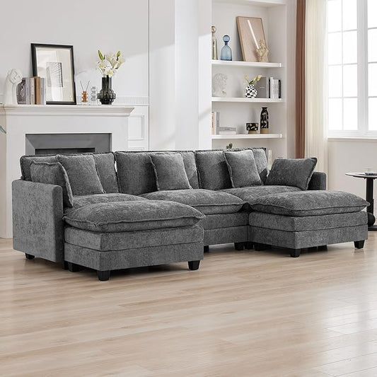 111'' Sectional Cloud Deep Seat Couch, Oversized Chenille U Shaped Sectional