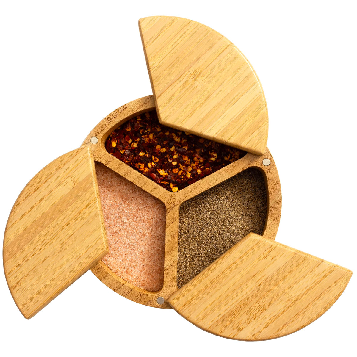 Totally Bamboo Trio Salt Cellar Storage Box with Three Compartments and Magnetic Swivel Lids, 13.2 Ounce Capacity