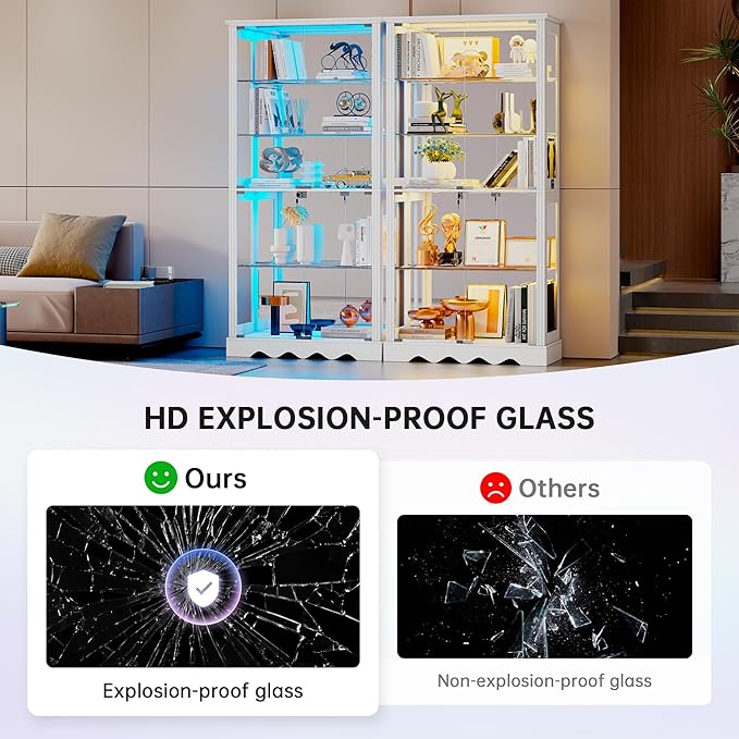 Dystler Display Cabinet with Glass Doors, LED Display Case with Removable Shelf