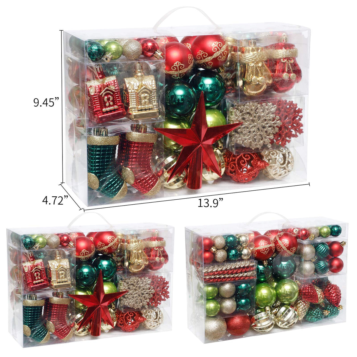 ROSELEAF 132pcs Christmas Tree Decoration Set - Red, Green & Gold Shatterproof Hanging Ornaments - Folk Art Style - Christmas, Wedding, Anniversary