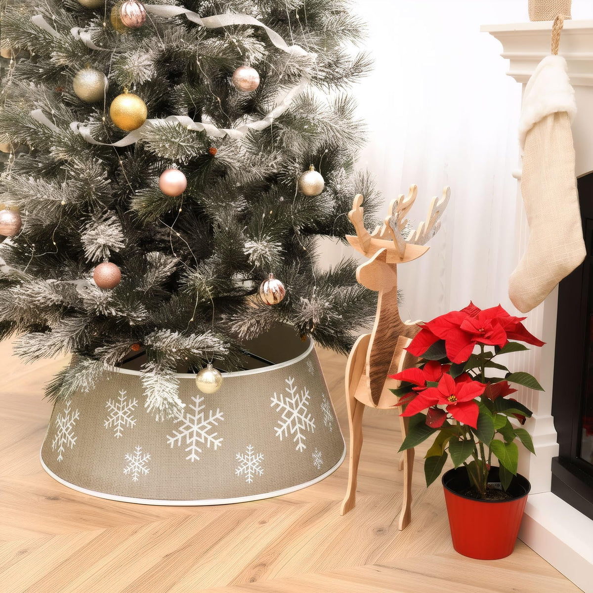 Soulchen Plain Burlap Farmhouse Christmas Tree Collars with Printed Snowflake 28 Inch Natural Burlap Boho Tree Skirt Rustic Collar for Indoor Trees Winter Home Decor (Khaki)