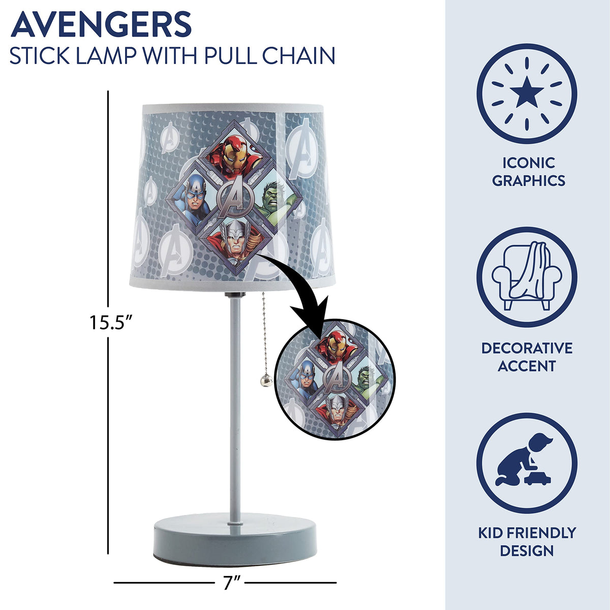 Avengers Stick Table Kids Lamp with Pull Chain, Themed Printed Decorative Shade,Metal
