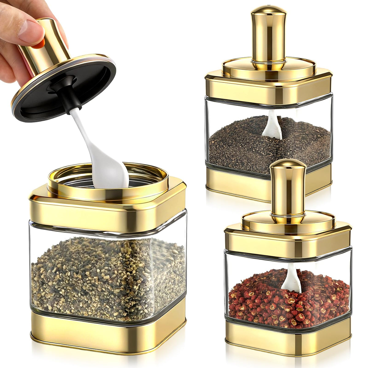 LemonRoad 3 Pack Glass Condiment Pot, 12 Ounce Gold Spice Jars with Spoons and Lids, Seasoning Box Set Salt Container, Sugar Dispense, Kitchen Containers for Flour and Sugar