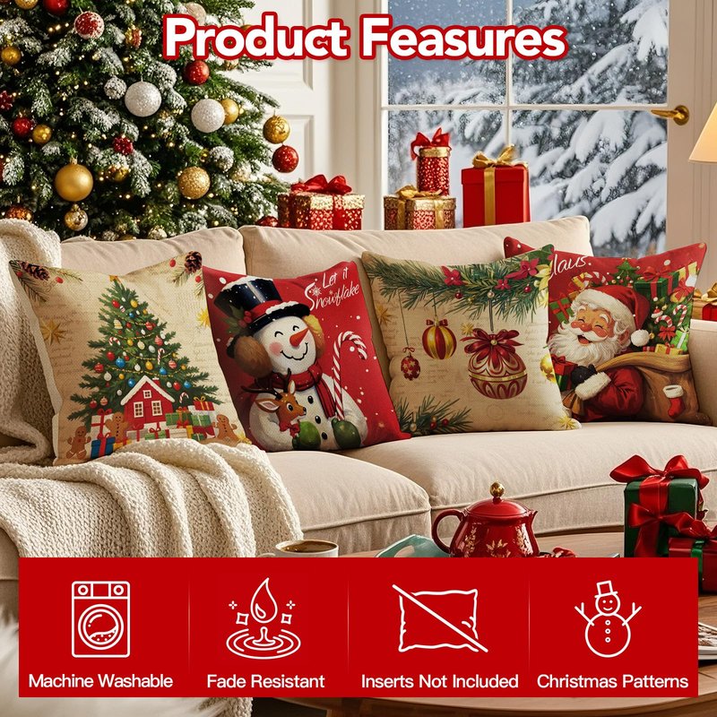 UPOFFICIS Christmas Pillow Covers 18x18 inch Set of 4, Christmas Decorations Cushion Covers, Xmas Pillow Covers, Pillowcases Throw Pillow Covers for Sofa Couch Home Decor