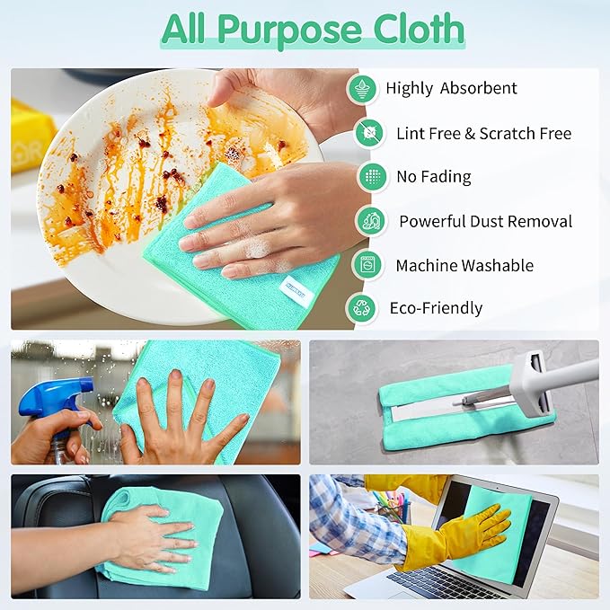 FIXSMITH Turquoise Microfiber Cleaning Cloth -Pack of 8, Highly Absorbent